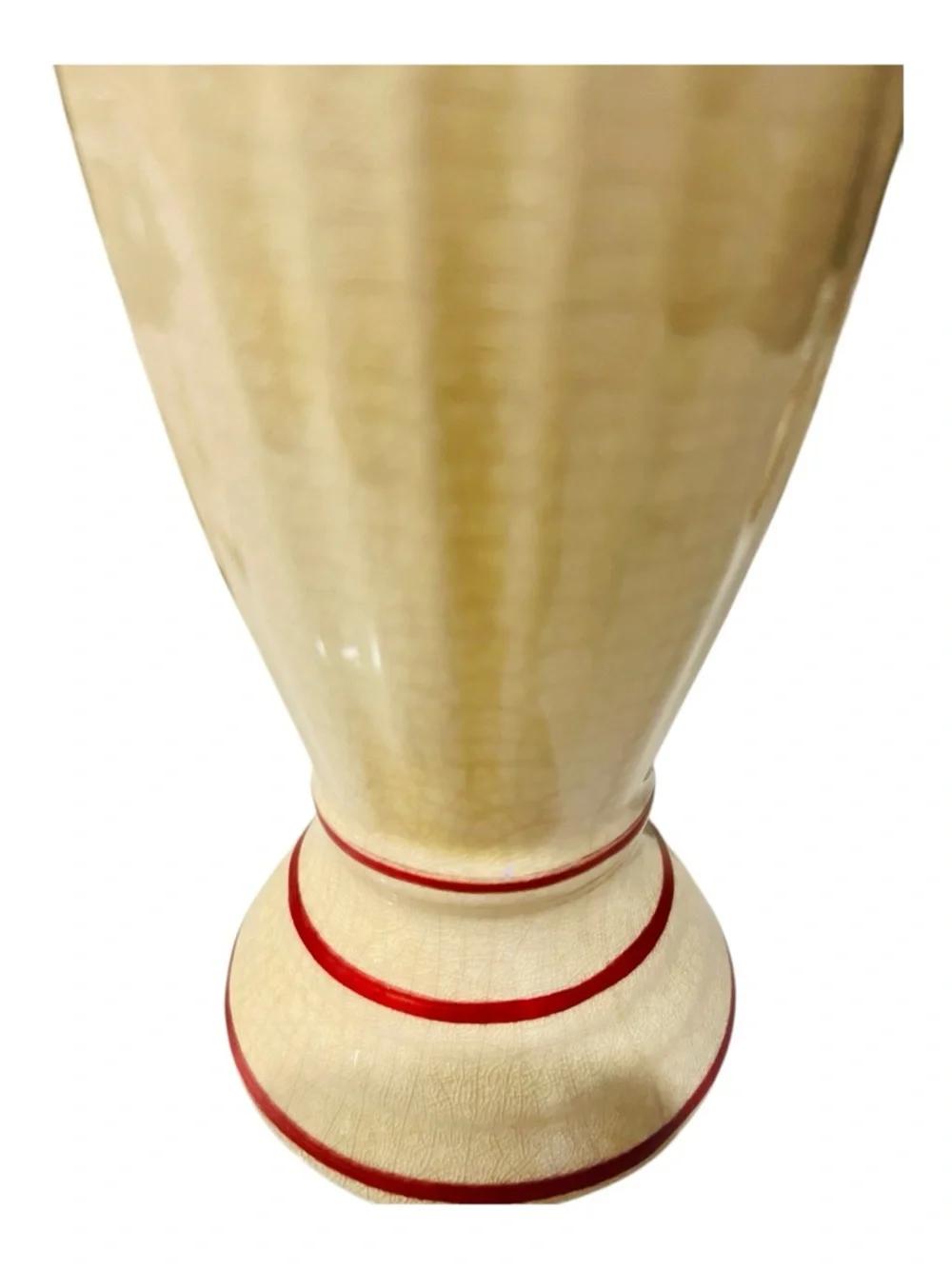 Vintage Art Deco Crackle Glaze Vase 10” Ivory w/ Red Bands Pedestal Ceramic